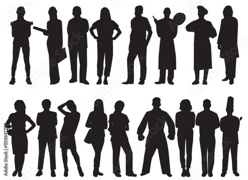 silhouette of professional. Collection of different occupation people group of diverse workers of various professions and specialists standing together.