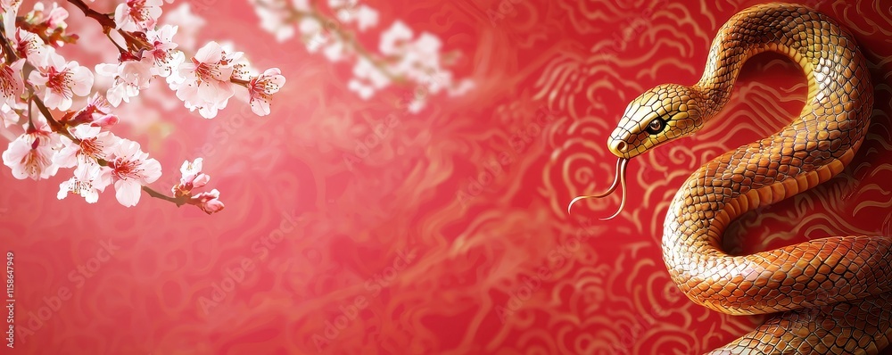 Fototapeta premium A golden snake entwines against a vibrant red background adorned with delicate cherry blossoms, symbolizing strength and beauty.