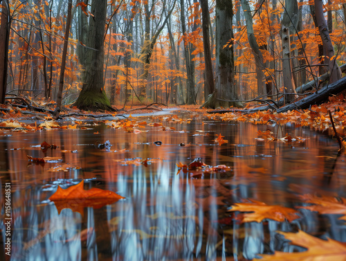 forest with trees that have had their leaves fall, and the ground is covered in water from rainwater photo