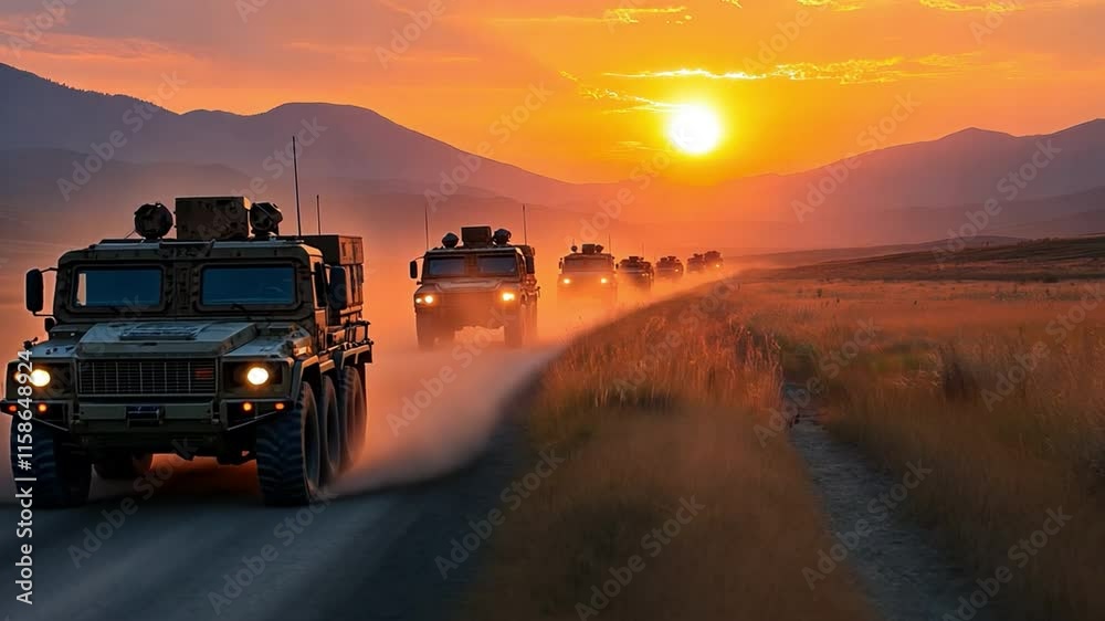Convoy of military vehicles moving through a vast landscape, the silhouettes of the trucks and tanks barely visible in the fading light Convoy of military vehicles moving through a vast landscape, the silhouettes of the trucks and tanks barely visible in the fading light