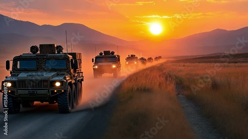 Convoy of military vehicles moving through a vast landscape, the silhouettes of the trucks and tanks barely visible in the fading light