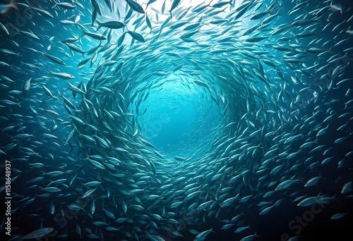Bait ball of fish creating a circular shape in blue water