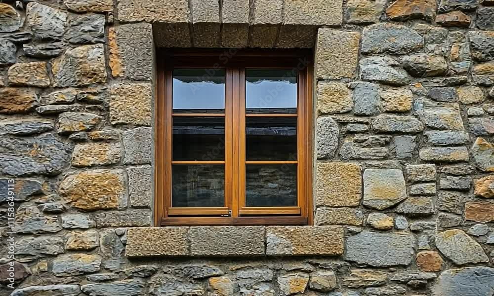 Rustic stone wall featuring a wooden window frame. Rustic stone wall featuring a wooden window frame.