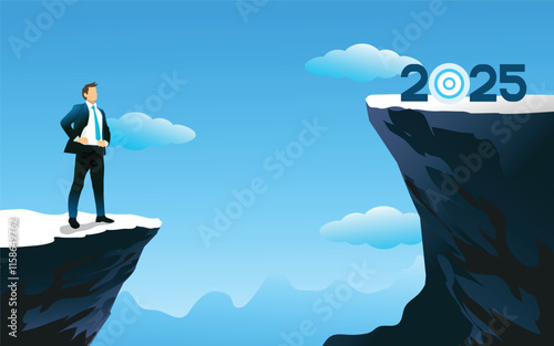 young businessman standing at the top  big rock and looking at 2025 target. vector