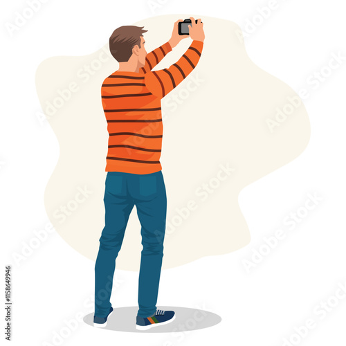 Holiday Travel concept. young man taking photo by his phone camera. vector