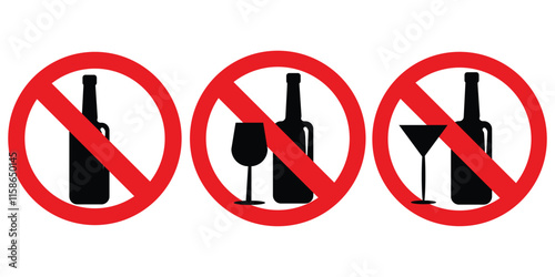 No alcohol vector icon. Set of no alcohol vector signs. Do not drink alcohol in this area. No drink vector
