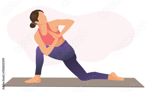 Individual hatha yoga instructor training Parivrtta Anjaneyasana crescent lunge on knee prayer hands modern . vector