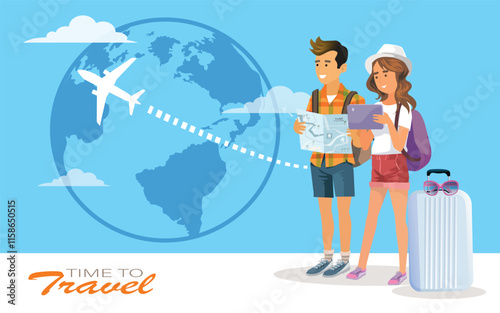 Time to Travel promo vector design. young tourists traveling people with backpacks and maps to travel for flight travelling.  illustration