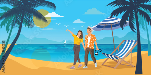  Young couple tourist walking on a sandy beach. destination for summer travel holidays concept. vector.