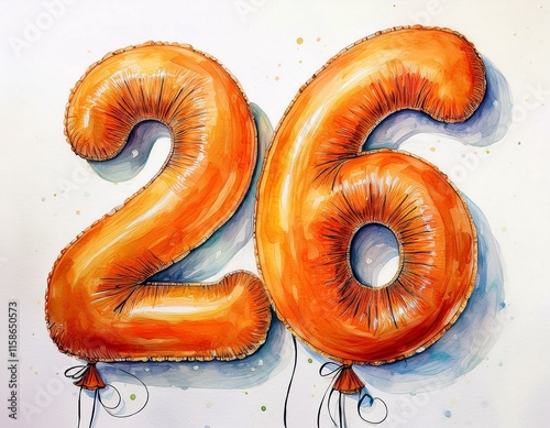 Orange birthday / anniversary balloon, number 26, watercolor painting with white background photo