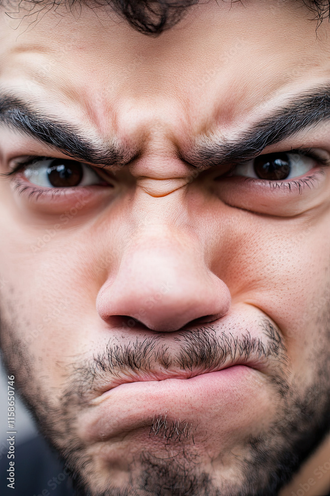 Fototapeta premium Man with one eyebrow raised and lips pursed, creating a “suspicious” face