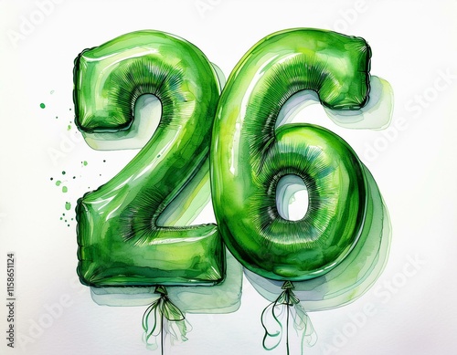 Green birthday / anniversary balloon, number 26, watercolor painting with white background photo