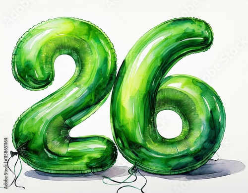 Green birthday / anniversary balloon, number 26, watercolor painting with white background photo