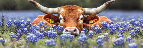 Wallpaper Mural Majestic Texas Longhorn Cow Amidst Bluebonnet Meadow Photographic Image Torontodigital.ca