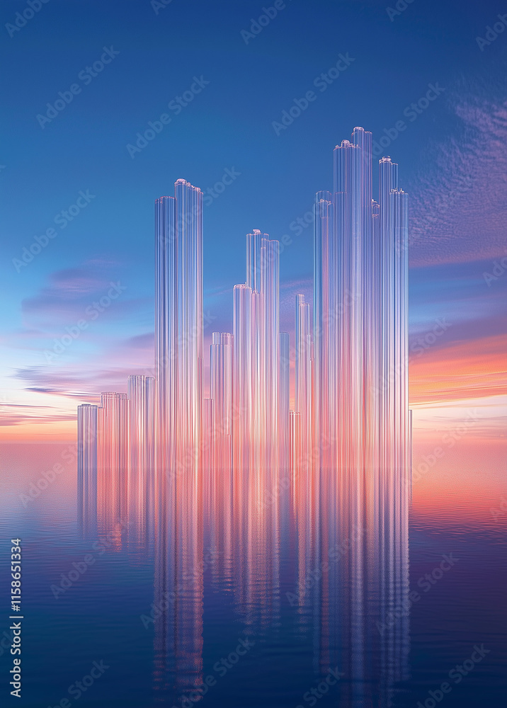 Fototapeta premium Futuristic Urban Elegance Serene Blue Horizons with Skyscraper Reflections for Modern Property Launch Aesthetic City Landscape Banner Abstract Lines Background