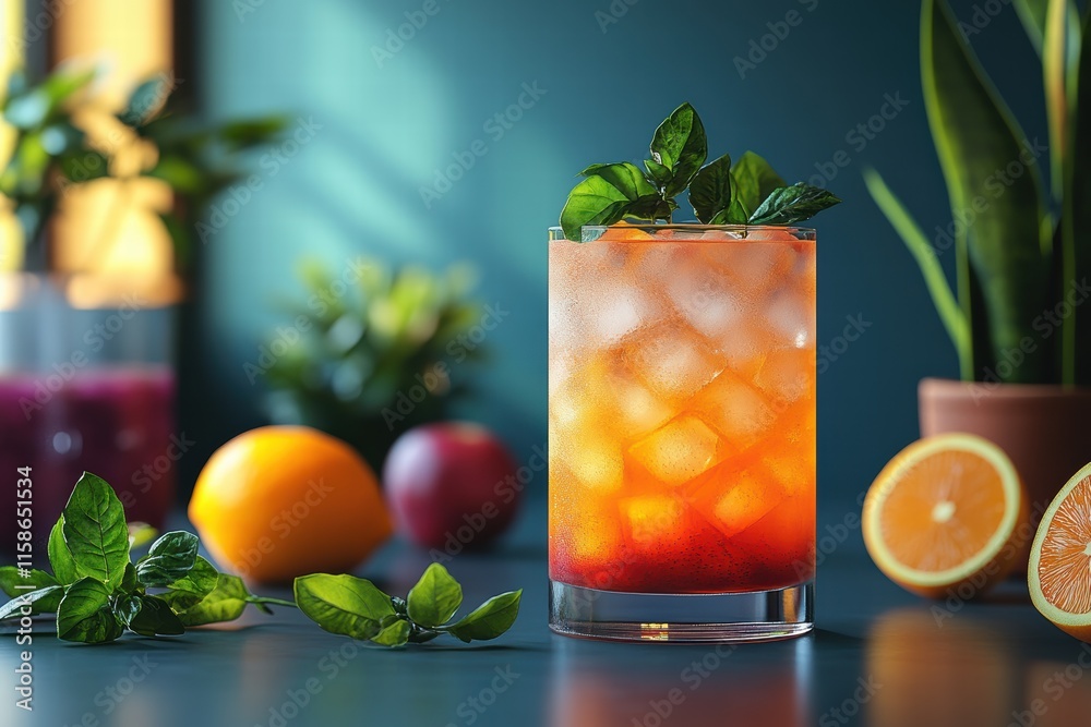 Refreshing fruit cocktail with mint and ice on a colorful table setting