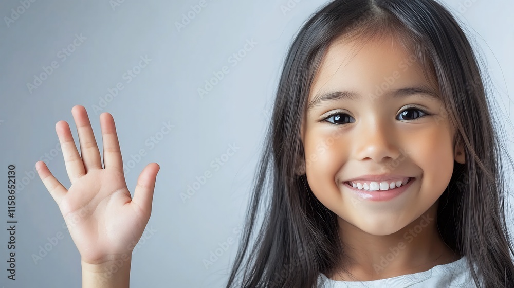 Smiling Girl Cheerfully Waving Hand Close-Up Photo. AI Generated Smiling Girl Cheerfully Waving Hand Close-Up Photo. AI Generated