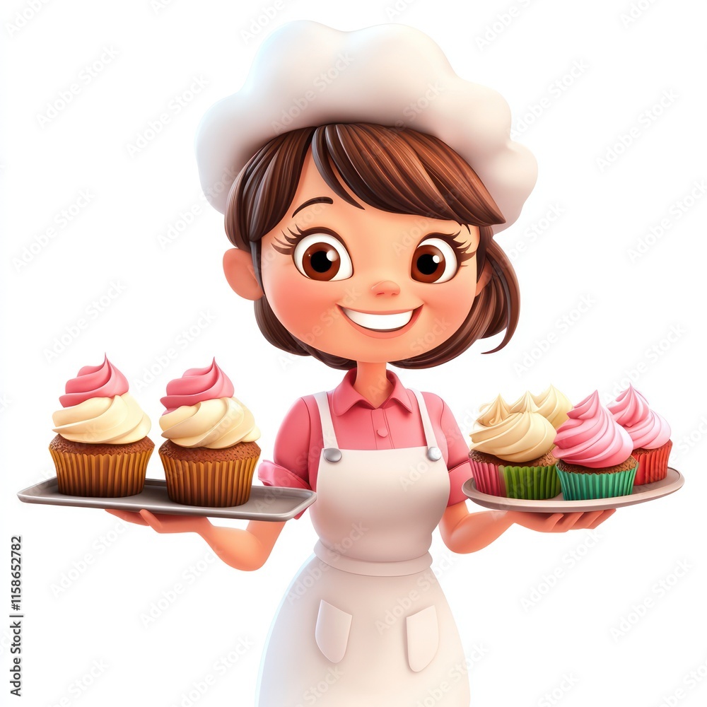 A happy baker holding a tray of cupcakes. vector style art 3d illustration Isolated on White Background A happy baker holding a tray of cupcakes. vector style art 3d illustration Isolated on White Background