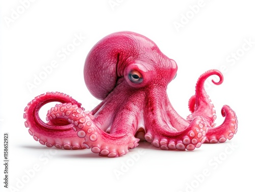 A vibrant pink octopus with detailed textures set against a white background, captured in a cinematic 8k style. photo