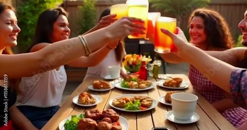 Summer backyard barbecue with family and friends, enjoying grilled food, drinks, and laughter in a lively garden setting. Perfect for creating cherished memories under the evening sky.