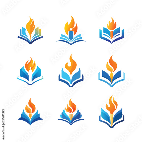 Open Book with Flame Torch for Education and Knowledge, Minimalist Logo Design