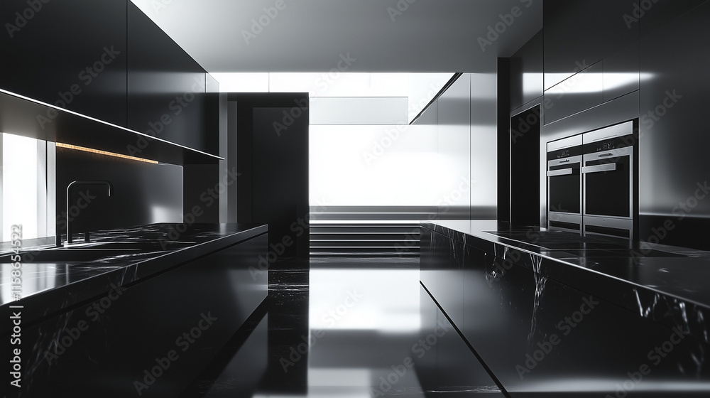 Sleek modern kitchen with black marble countertops, minimalist cabinetry, and ambient natural lighting. Sleek modern kitchen with black marble countertops, minimalist cabinetry, and ambient natural lighting.