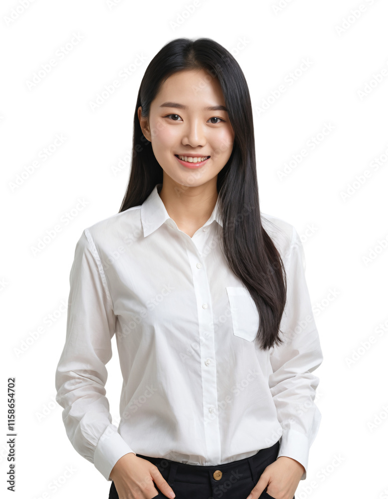 a beautiful asian girl standing straight confident with long black hair wearing a white shirt . PNG transparent background. ai generator a beautiful asian girl standing straight confident with long black hair wearing a white shirt . PNG transparent background. ai generator