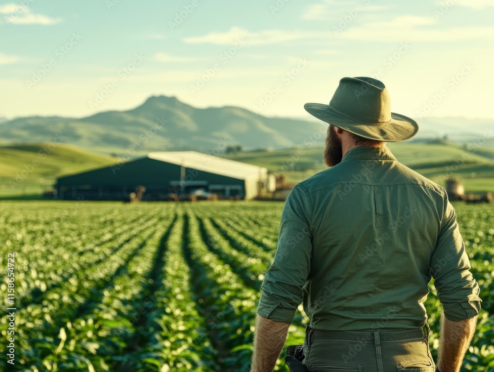 A man in a hat walks through a lush coffee field at sunrise, with rolling hills and a farmhouse in the background, capturing a serene rural scene. A man in a hat walks through a lush coffee field at sunrise, with rolling hills and a farmhouse in the background, capturing a serene rural scene.