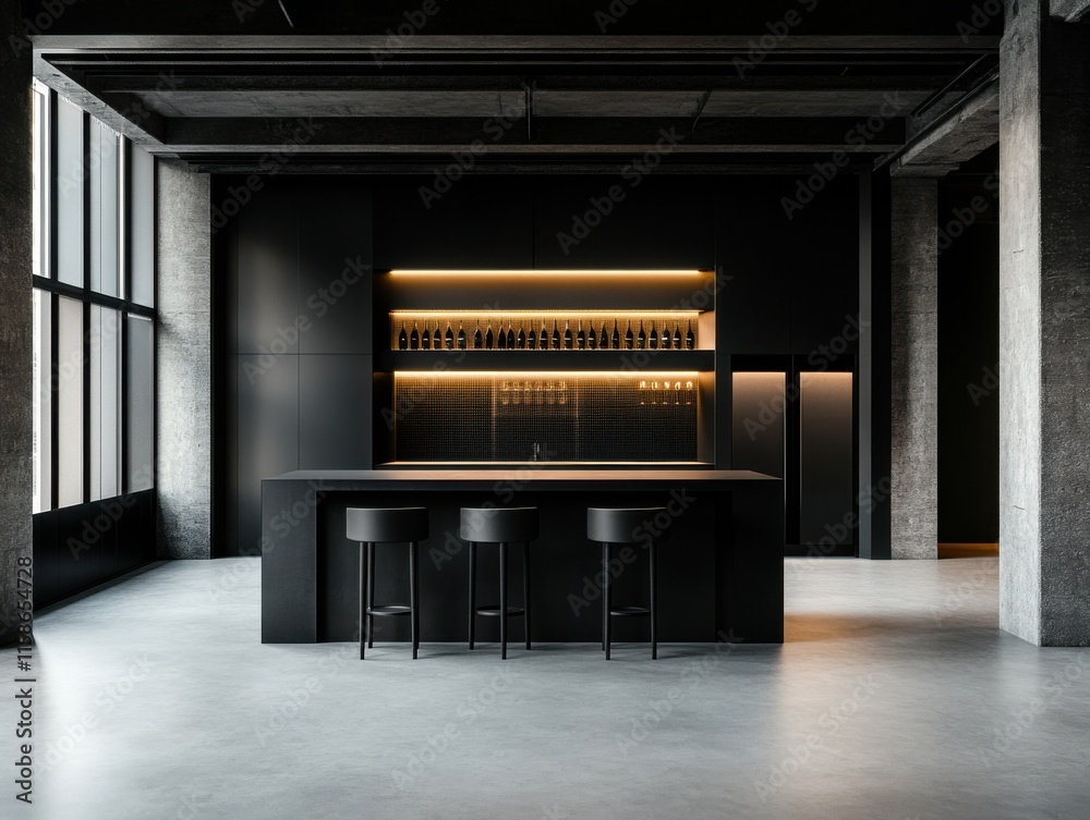 A modern kitchen with a sleek, minimalist island and ambient lighting. The setting is luxurious with dark tones and high-end finishes. A modern kitchen with a sleek, minimalist island and ambient lighting. The setting is luxurious with dark tones and high-end finishes.