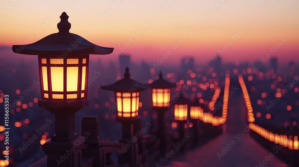 Fototapeta premium Lanterns Arranged on Staircase at Dusk