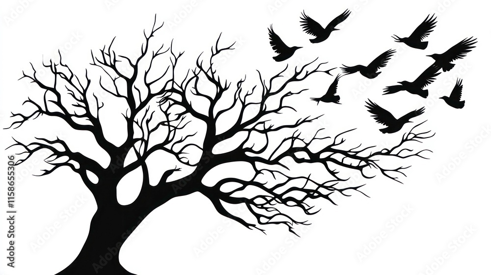 Obraz premium Silhouette of a barren tree with birds flying away. (2)