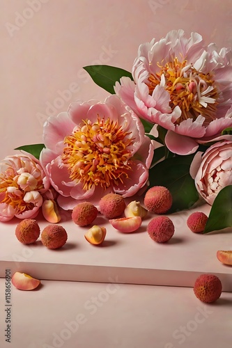 Bright and Appetizing Composition of Fruits and Florals on Pink Backdrop.