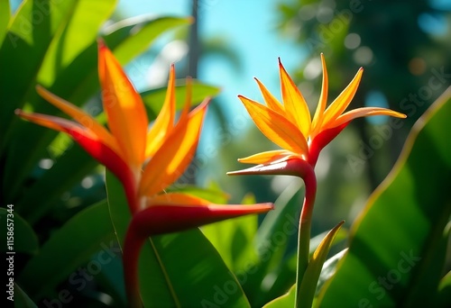 Two orange and red bird of paradise flowers growing in tropical garden photo