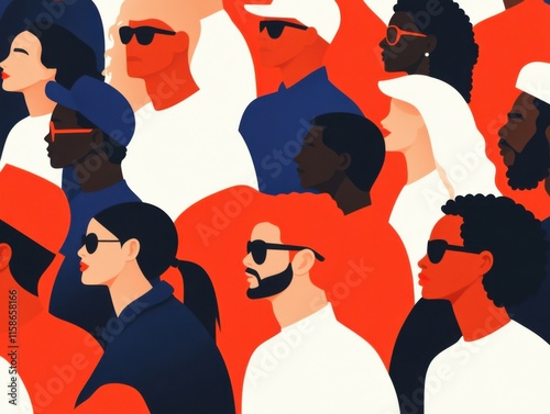 A vibrant illustration of diverse people wearing sunglasses, highlighting unity and inclusion with bold use of red, blue, and white colors.