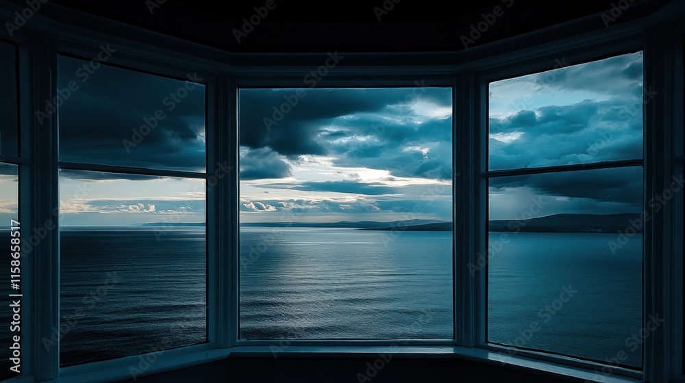 Dramatic ocean view seen through a bay window at dusk. Dramatic ocean view seen through a bay window at dusk.