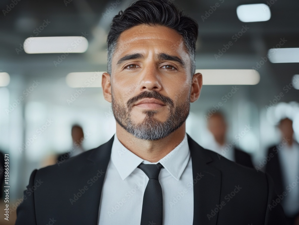 Naklejka premium A confident businessman in a suit and tie stands in an office setting, exuding professionalism with a gentle smile and neatly groomed beard.
