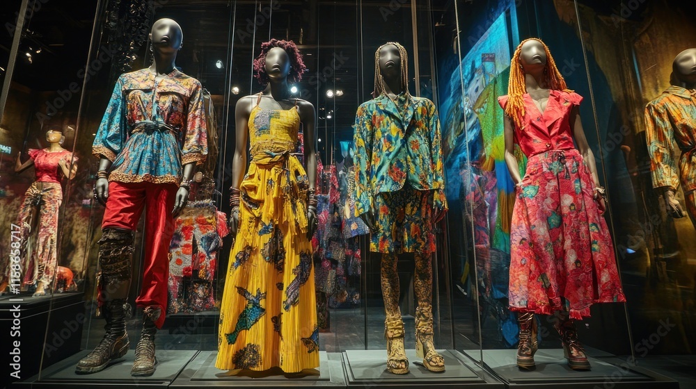 Naklejka premium Vibrant African-inspired fashion displayed on mannequins in a museum setting.