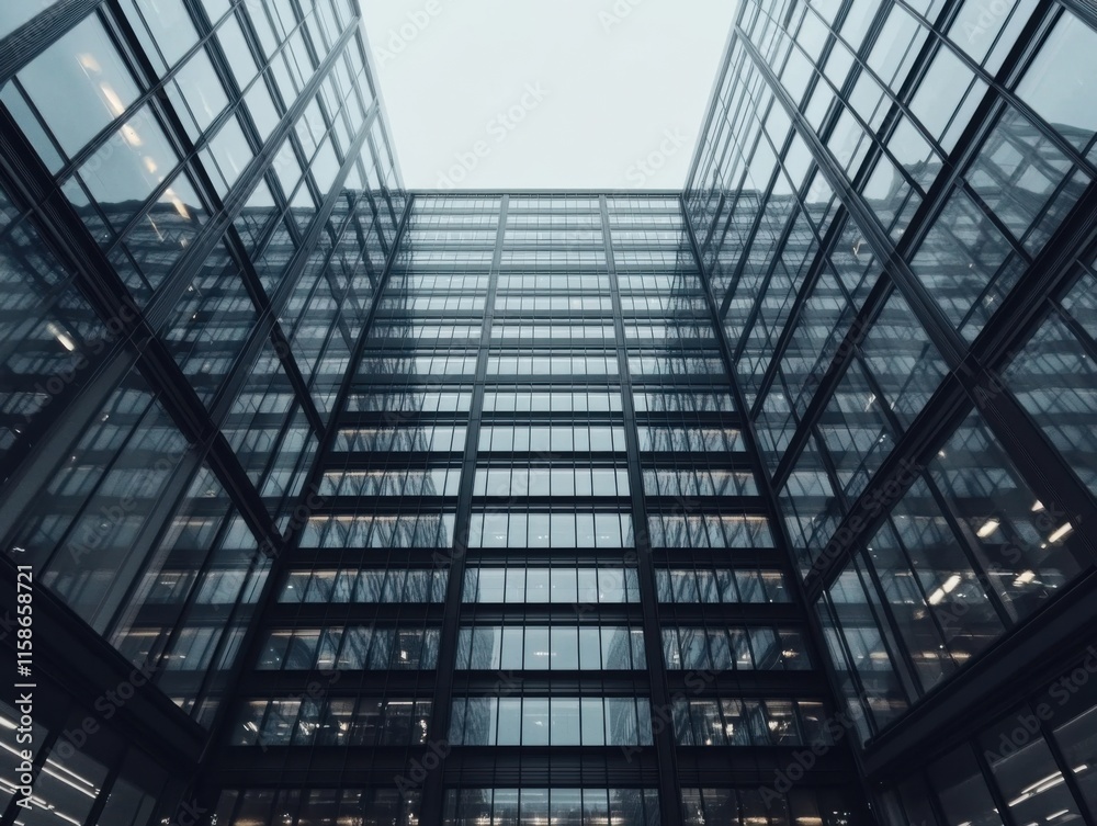 Obraz premium A modern office building with a glass facade rises against a blue sky. The reflections create a sleek and contemporary aesthetic.
