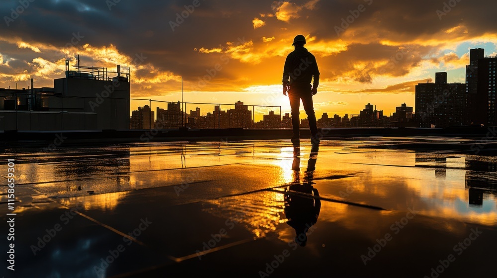 Fototapeta premium Roofer at Sunset on Urban Rooftop