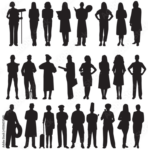 People with various occupations and professions standing together. silhouettes set collection of diverse professional on isolated white background.	
