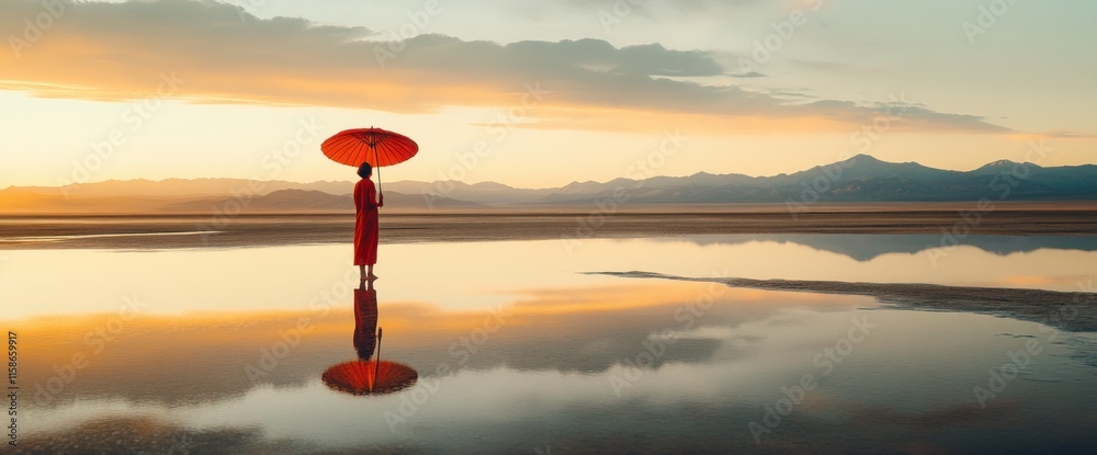 Obraz premium Solitary figure in red dress with red umbrella reflected in calm water at sunset.
