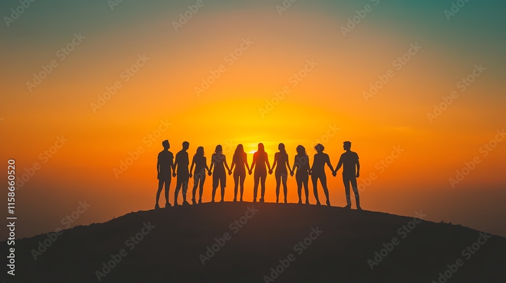 Fototapeta premium Silhouetted group enjoying sunset together.