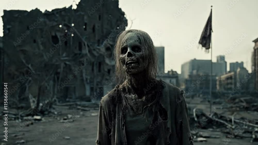 Close-up of a decaying zombie face with a city background. Dark, gritty, and horror-themed. Close-up of a decaying zombie face with a city background. Dark, gritty, and horror-themed.