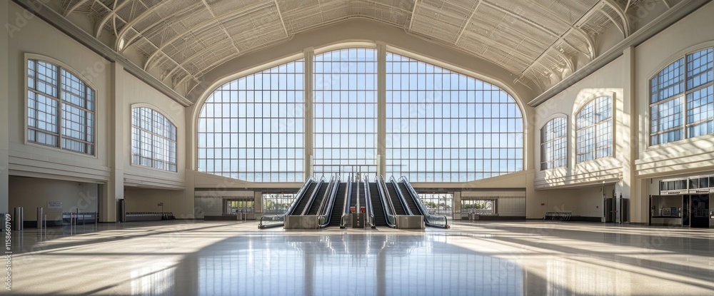 Obraz premium Modern spacious interior with large windows and escalators.