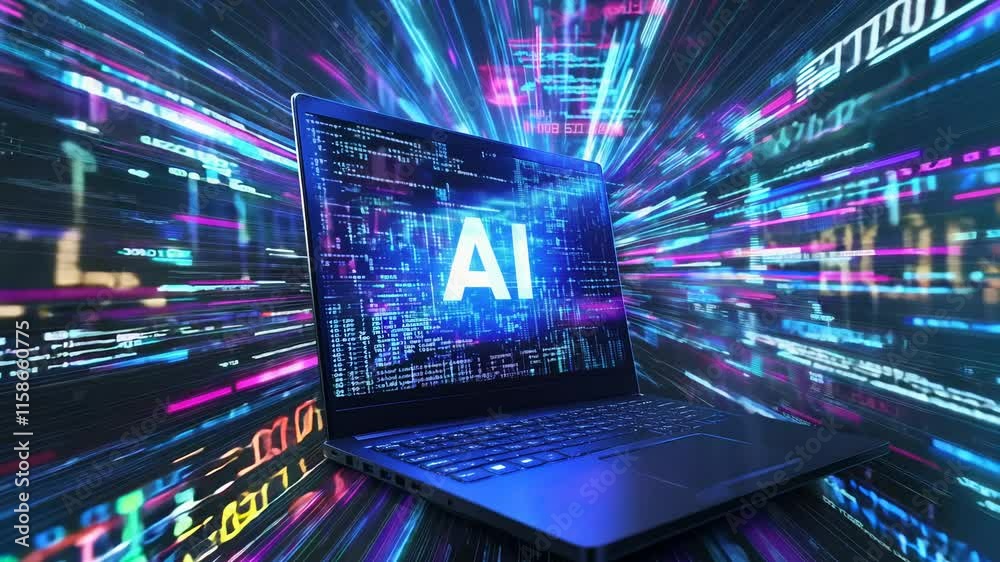 custom made wallpaper toronto digitalA sleek laptop computer with a screen displaying the text AI surrounded by digital data streams, emphasizing how AI enhances computing power and data management