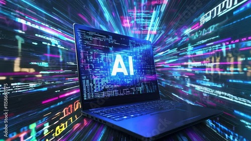 Wallpaper Mural A sleek laptop computer with a screen displaying the text AI surrounded by digital data streams, emphasizing how AI enhances computing power and data management Torontodigital.ca