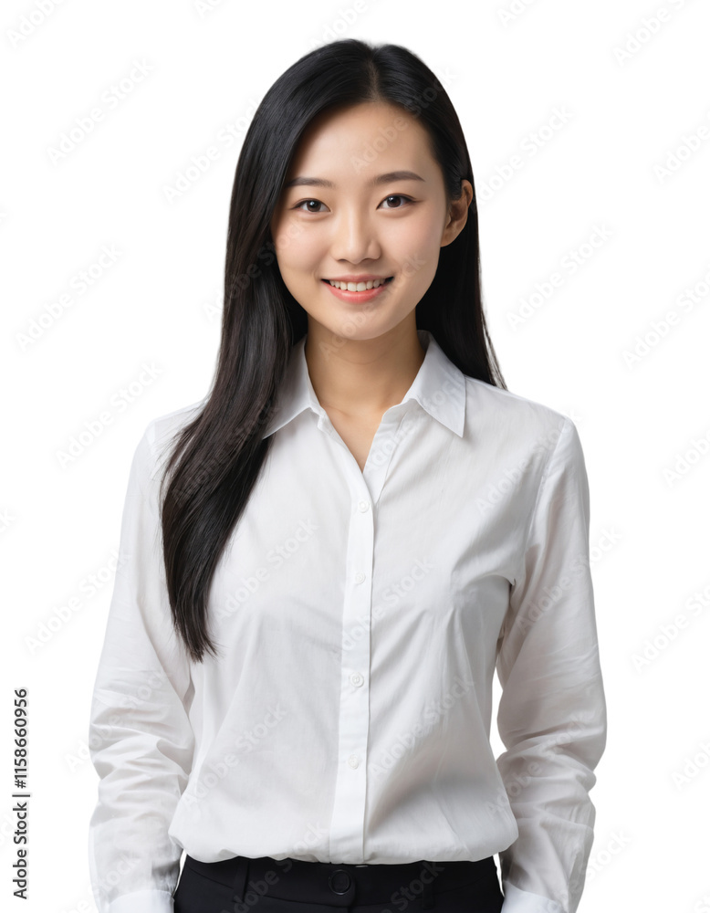 a beautiful asian girl standing straight confident with long black hair wearing a white shirt . PNG transparent background. ai generator a beautiful asian girl standing straight confident with long black hair wearing a white shirt . PNG transparent background. ai generator