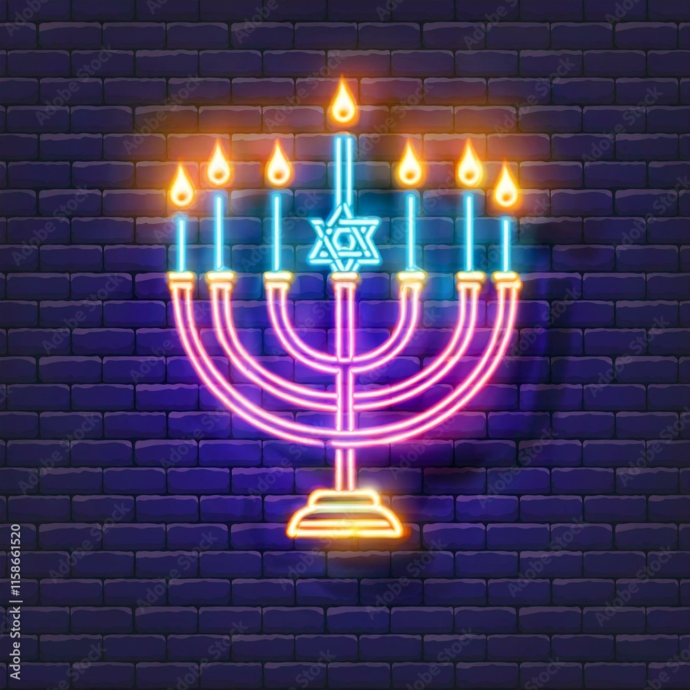 Fototapeta premium Menorah with candles. Hanukkah neon menorah icon.