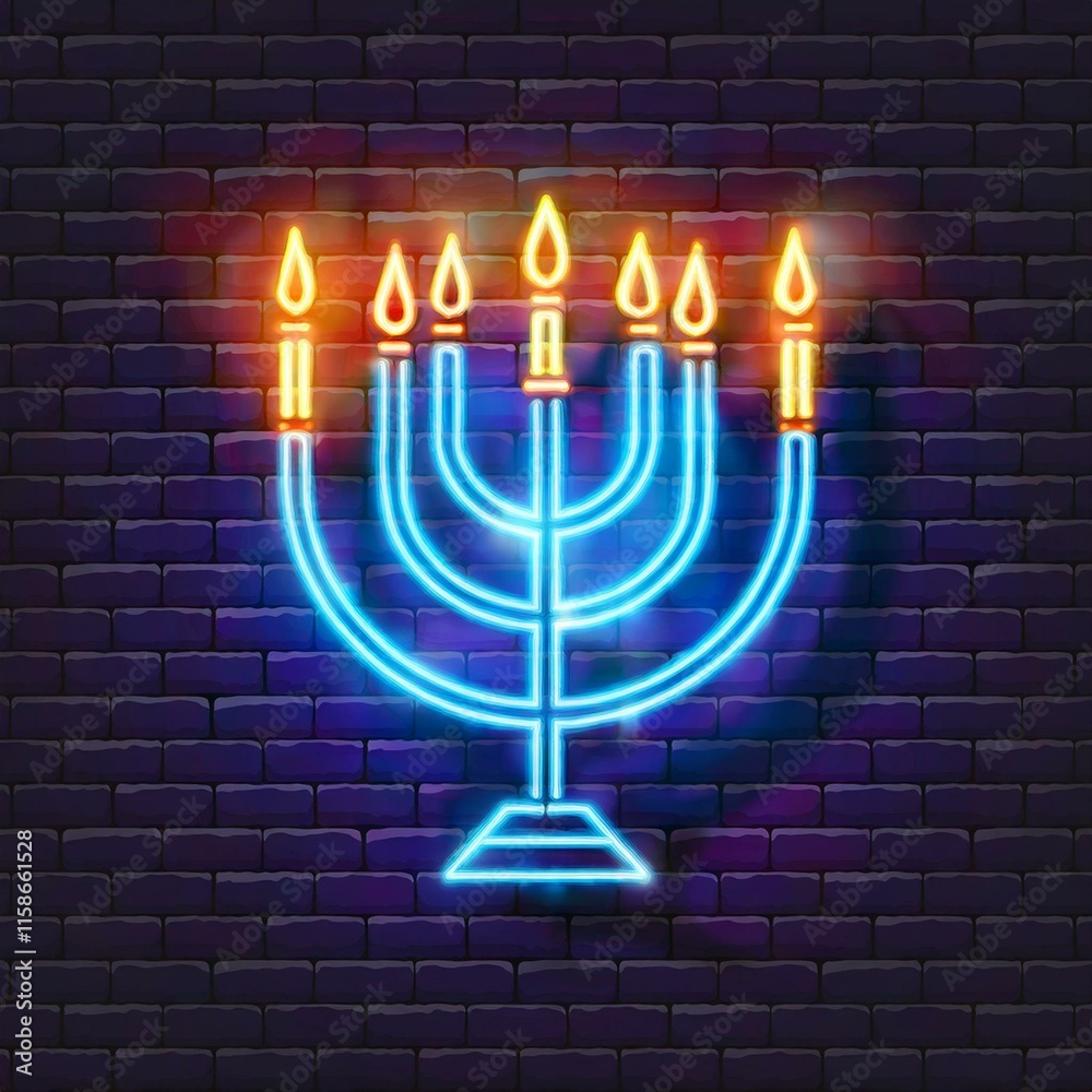 Fototapeta premium Menorah with candles. Hanukkah neon menorah icon.