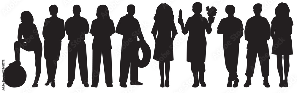 Group of people with different occupations or jobs standing in a row vector black silhouettes set. various professions silhouettes set. Group of people with different occupations or jobs standing in a row vector black silhouettes set. various professions silhouettes set.